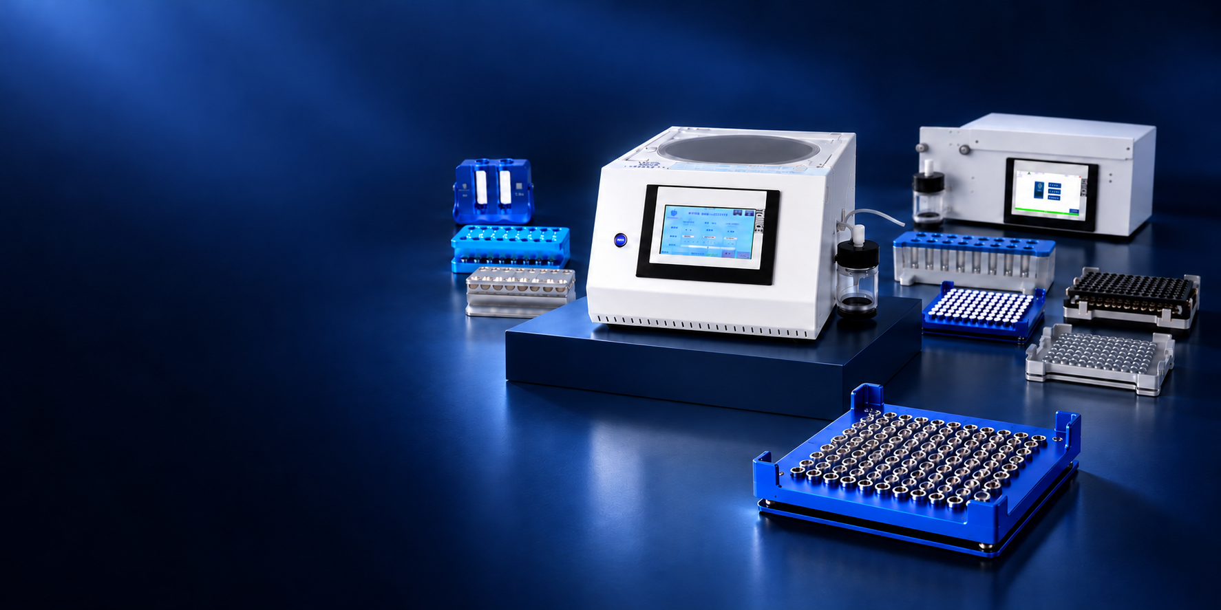 Magnetic racks and laboratory equipment on a deep blue studio background
